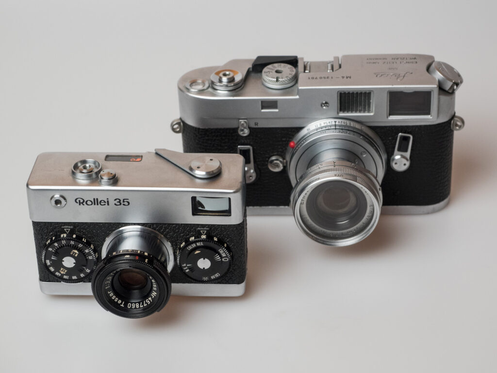 Rollei 35 und Leica M4, zwei Kameras, die 1966 bzw. 1967 auf den Markt kamen