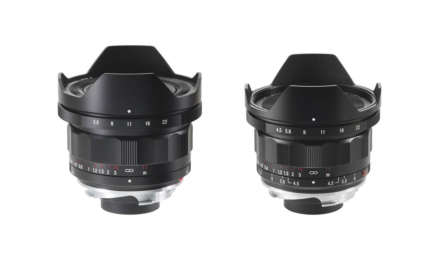 Produktfoto zeigt bewährte und neue Voigtländer VM-Objektive, hier Superweitwinkel mit 10 und 15 Millimetern Brennweite